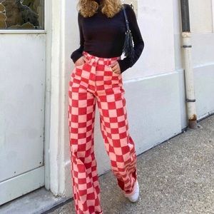 Zara wide leg jeans checker grid print red and pink ragged priest ganni